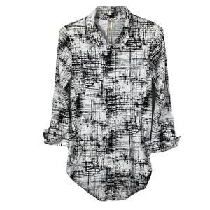 Comfy USA Shirt Dress Tunic Size M White Black Abstract Print Bubble Hem Artsy